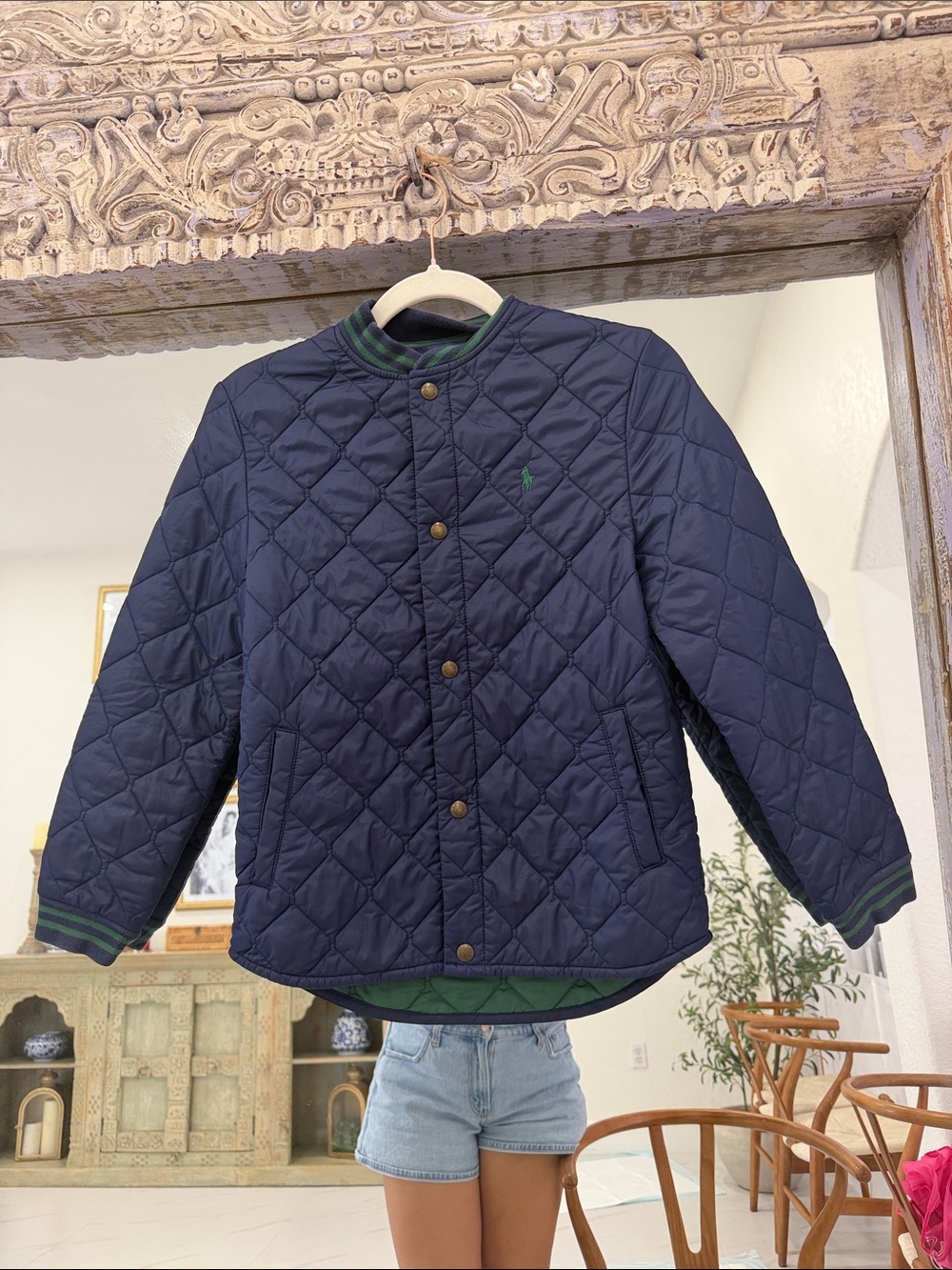 Polo by Ralph Lauren Navy Quilted Barn Jacket with Green Trim